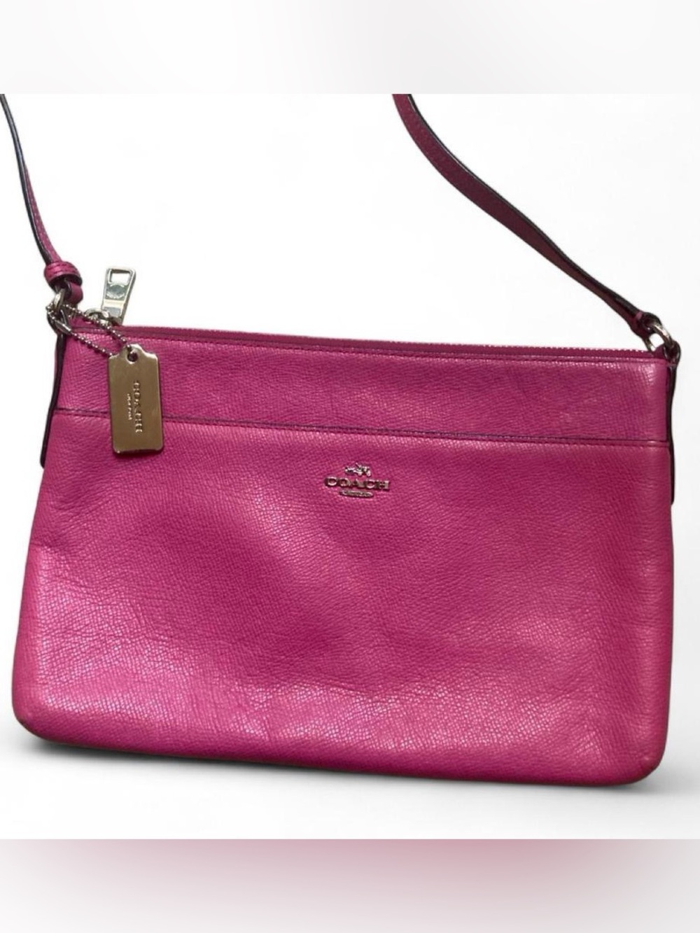 Coach Crossbody Purse Bright Hot Pink Crossgrain Leather With Metal Hangtag